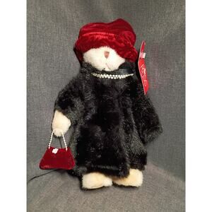 Russ Berrie & Co Nuria Plush Teddy Bear in Black Faux Fur Coat Pearls Purse 12"